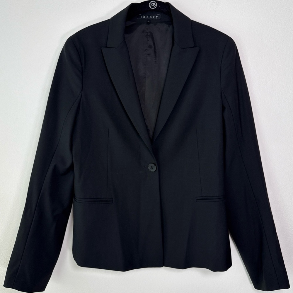 Theory Black Slim Fit Wool Blend Blazer Button Closure Womens Size 10 Career